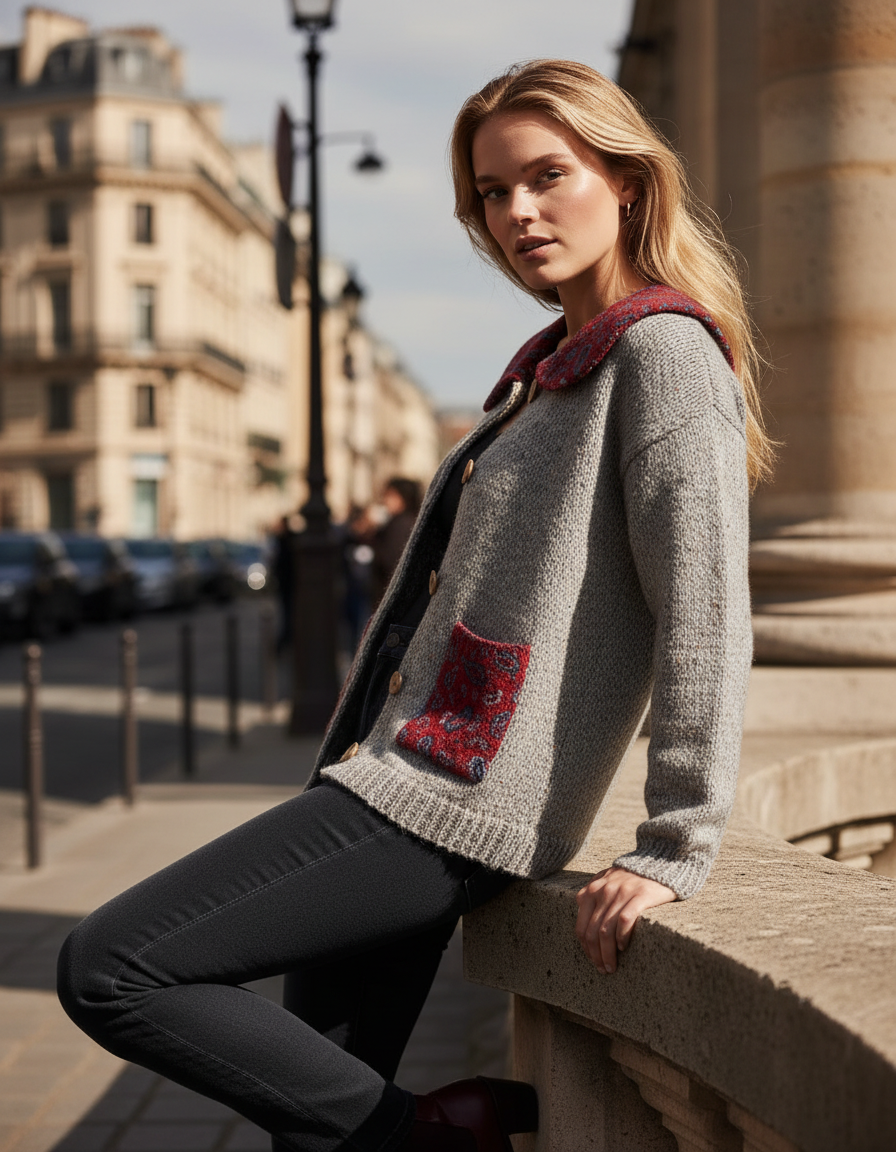 Desenli Yaka ve Cep Detaylı El Örgüsü Düğmeli Hırka