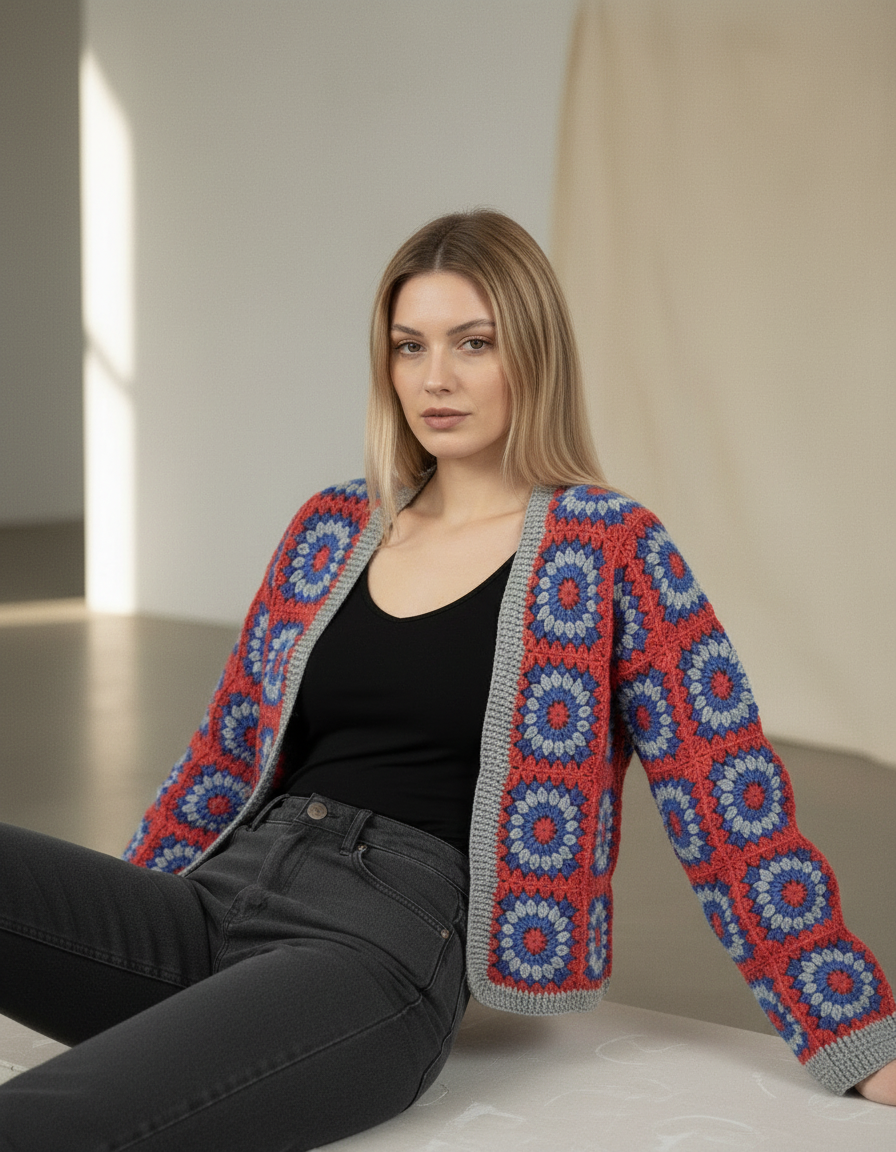 El Örgüsü Kırmızı Mavi Geometrik Motifli Kadın Hırka