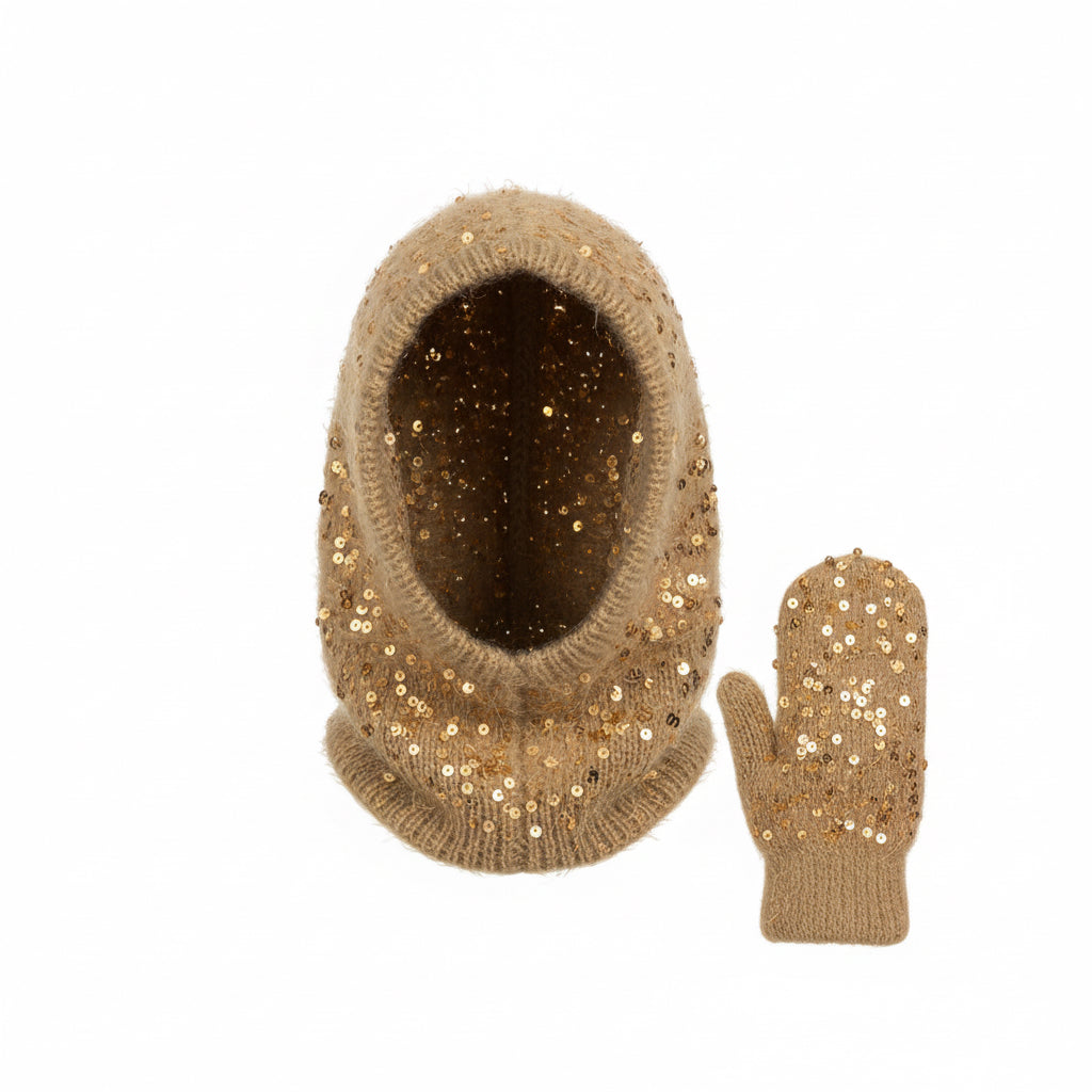 El Örgüsü Şapka ve Eldiven Takımı – Altın Simli Bej Kış Seti
