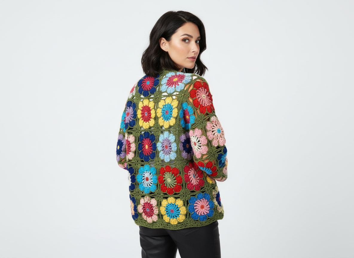 El Yapımı Örgü Çiçekli Patchwork Hırka