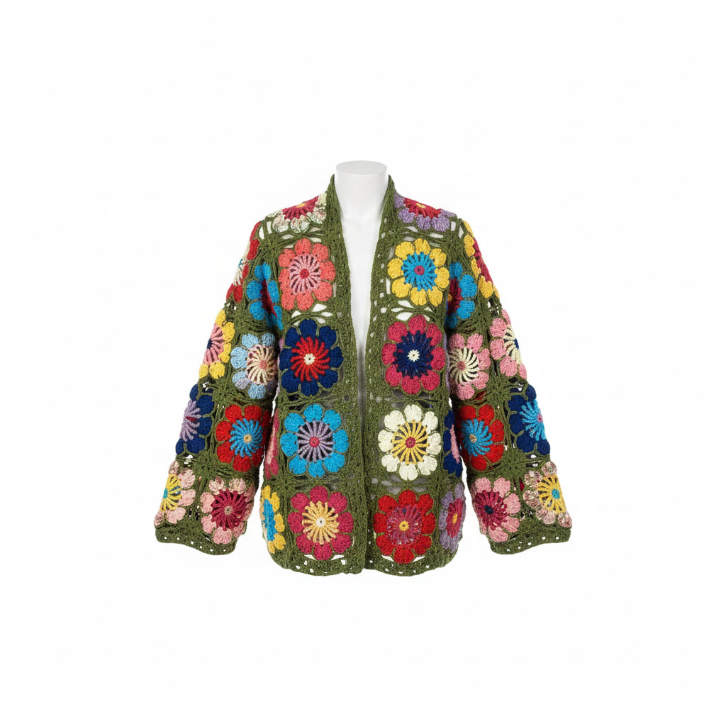 El Yapımı Örgü Çiçekli Patchwork Hırka
