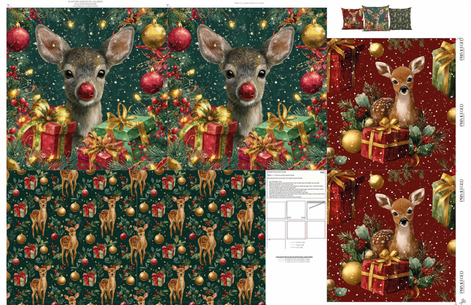 Christmas Deer Yastık Panel Kumaşı | Kes ve Dik Tasarım