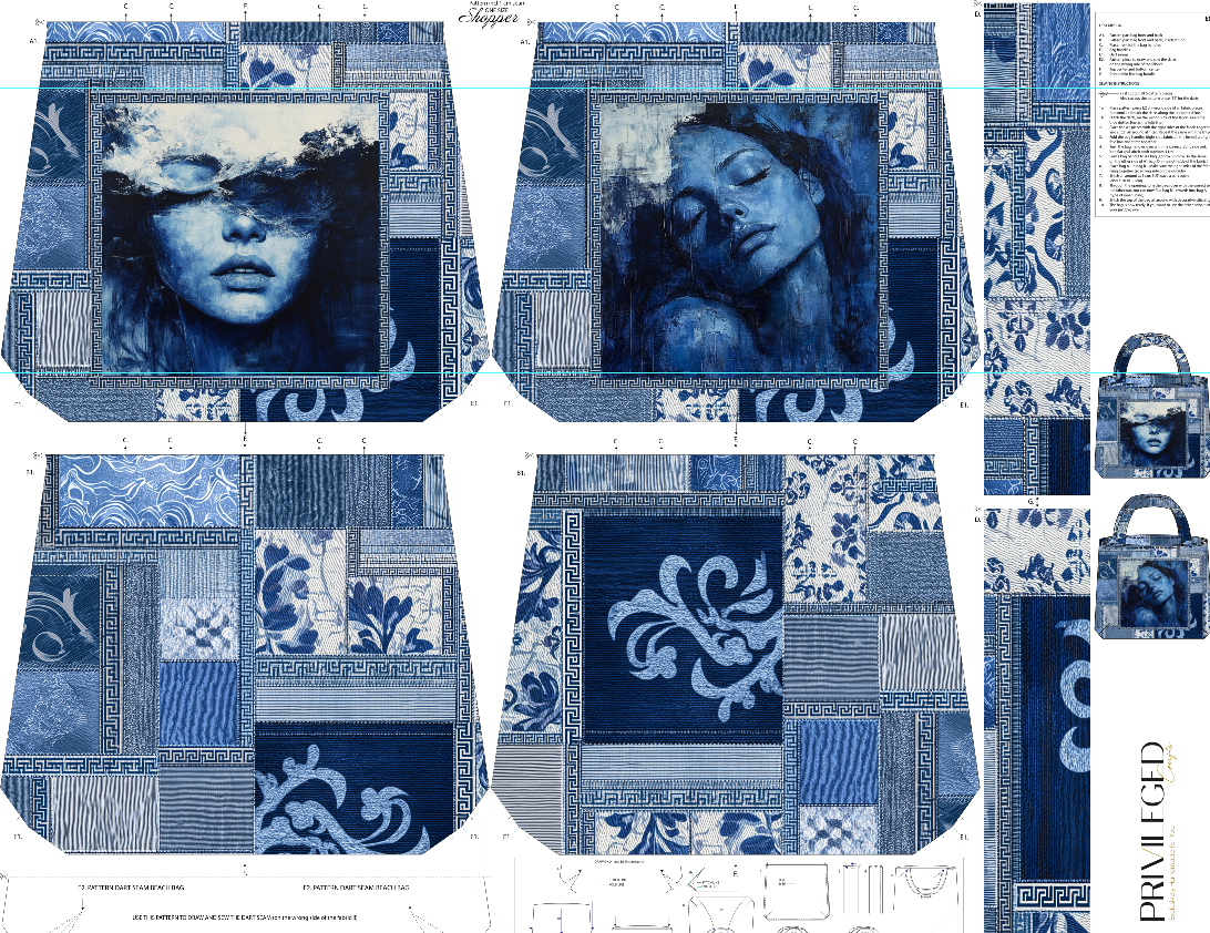 Mavi Gizemler Çanta Kumaşı | Sanatsal Patchwork ve Yunan Esintileri