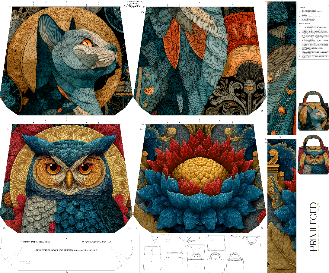 Majestic Owl & Cat Sanat Paneli Çanta Kumaşı