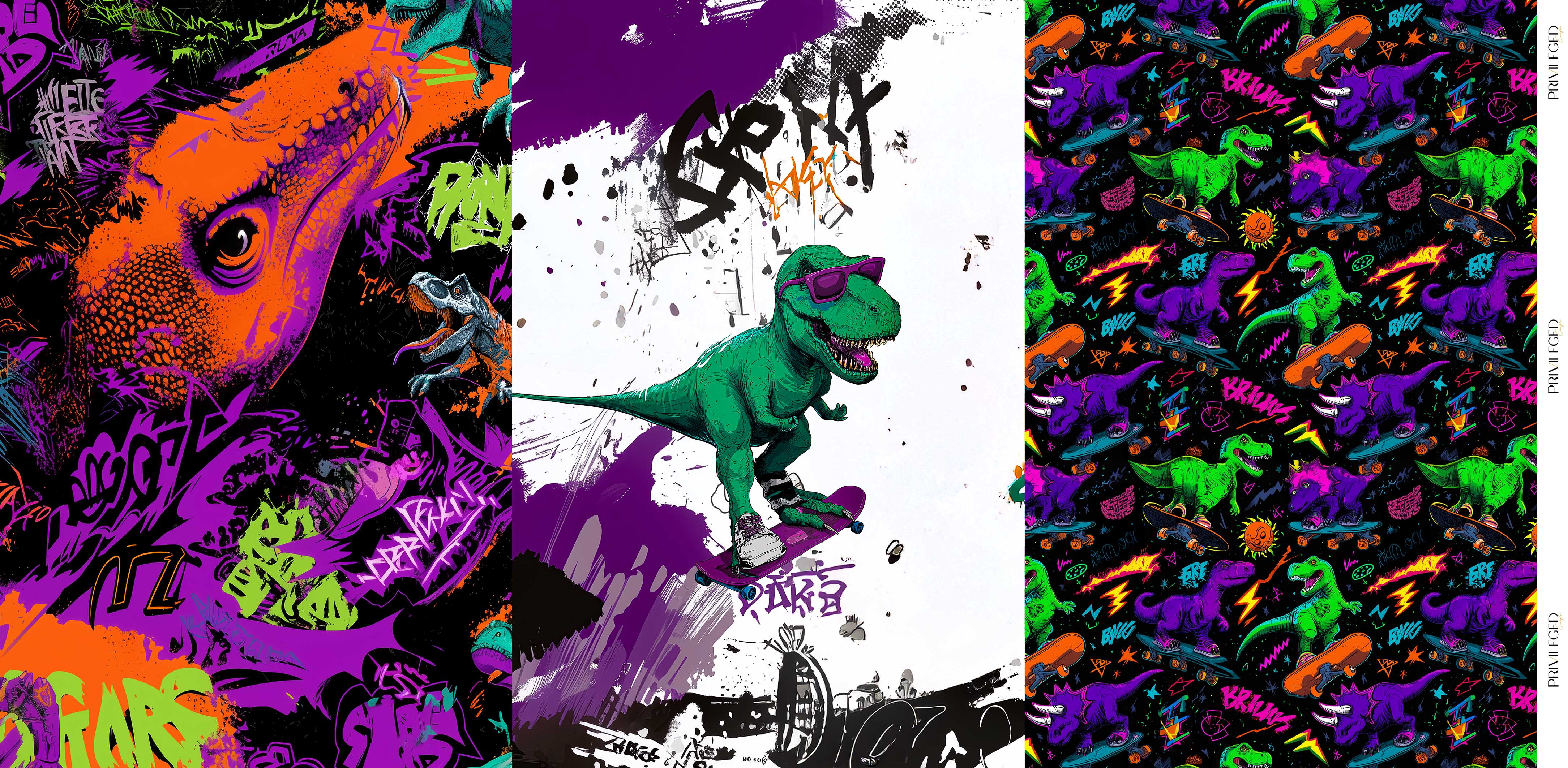 Skater Dino – Renkli Çocuk Baskılı Kumaş Paneli