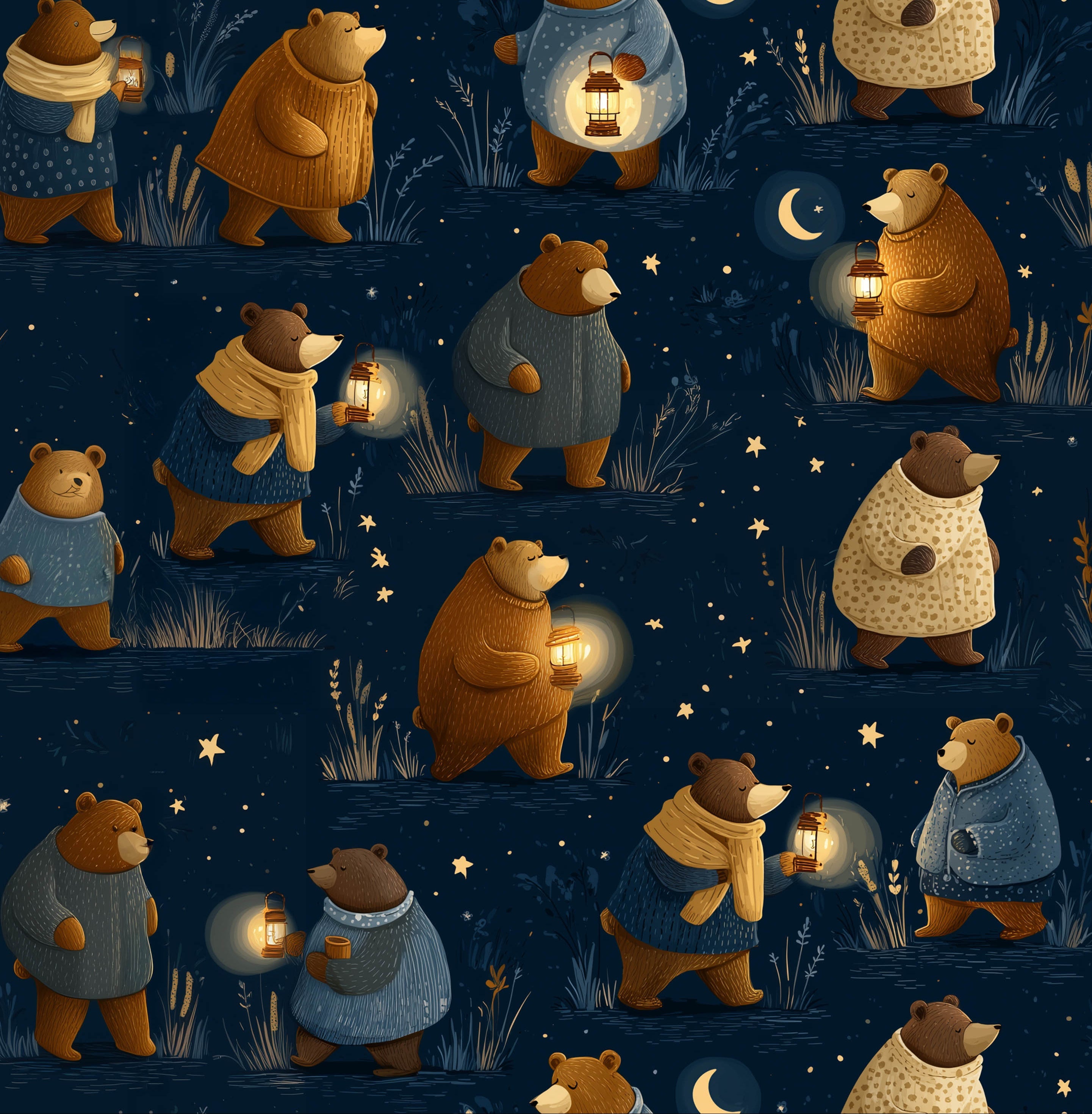 Night Lantern Bears – Çocuklar İçin Baskılı Örme Kumaş