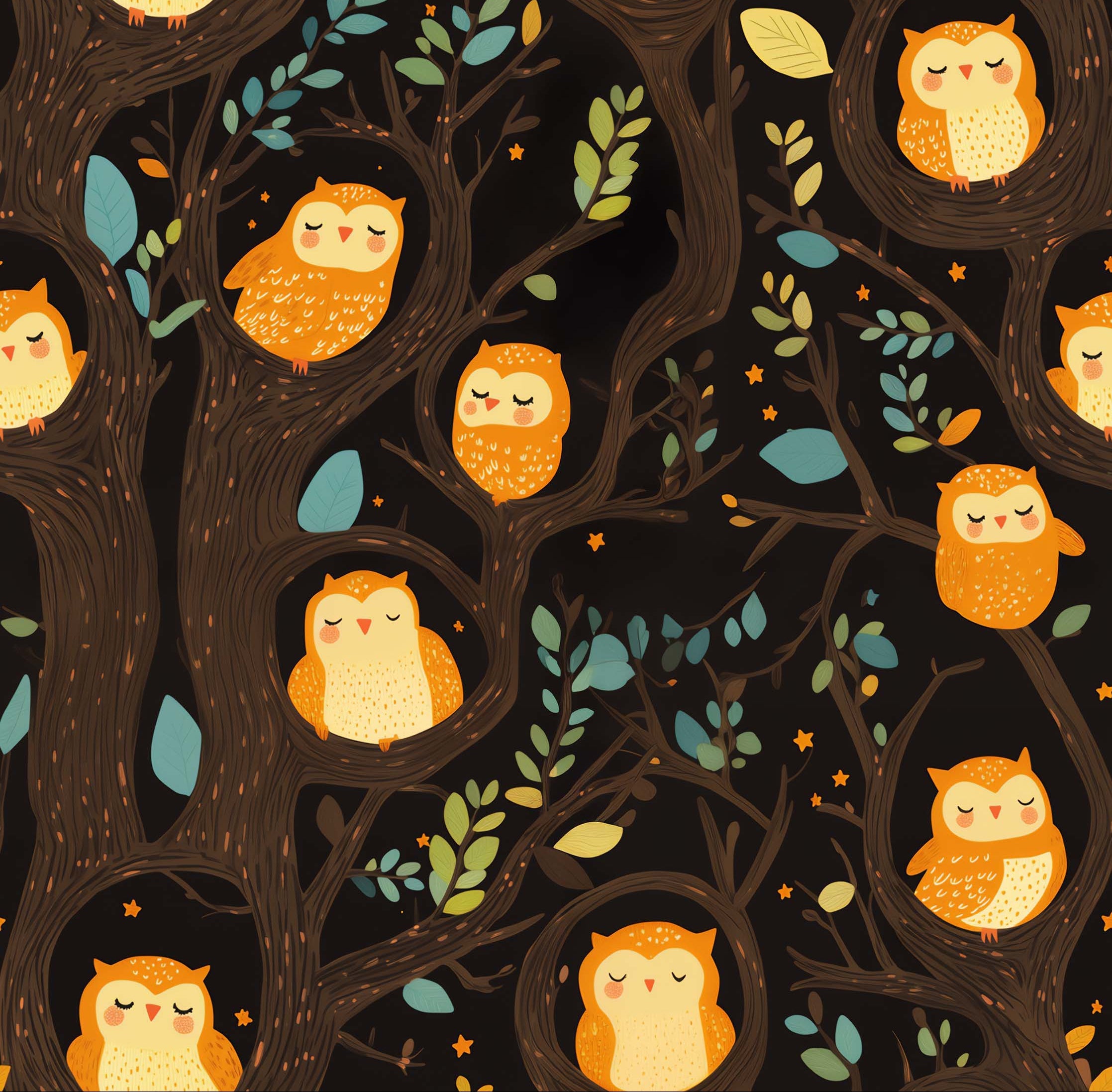 Sleepy Owls in the Woods – Çocuklar İçin Pamuklu Örme Kumaş