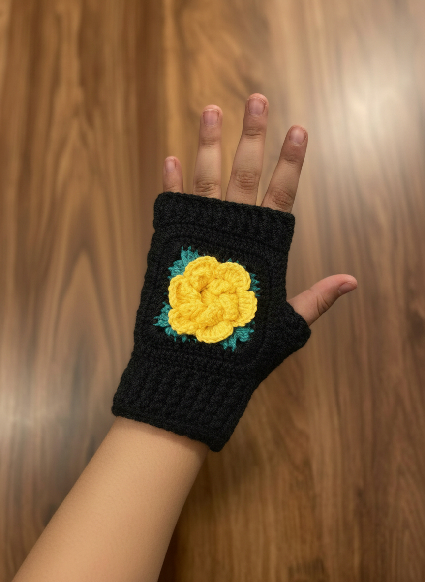 El Örgüsü Çocuk Eldiven | Sarı Çiçek Motifli