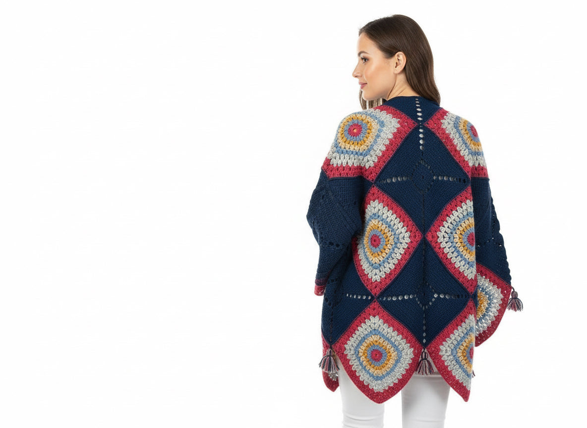 El Yapımı Boho Örgü Hırka – Çok Renkli Geometrik Desen