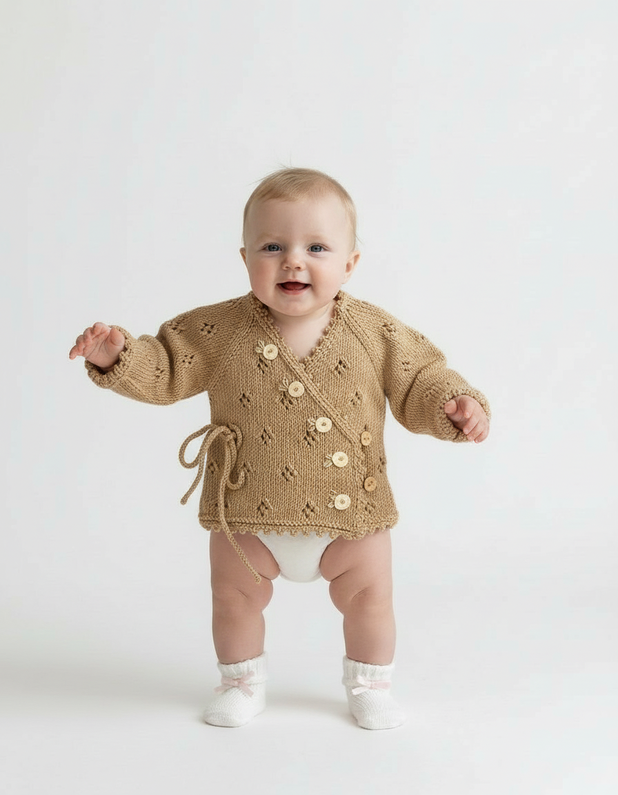 El Örgüsü Bebek Hırkası – Tarçın Tonlarında Yandan Bağlamalı Model