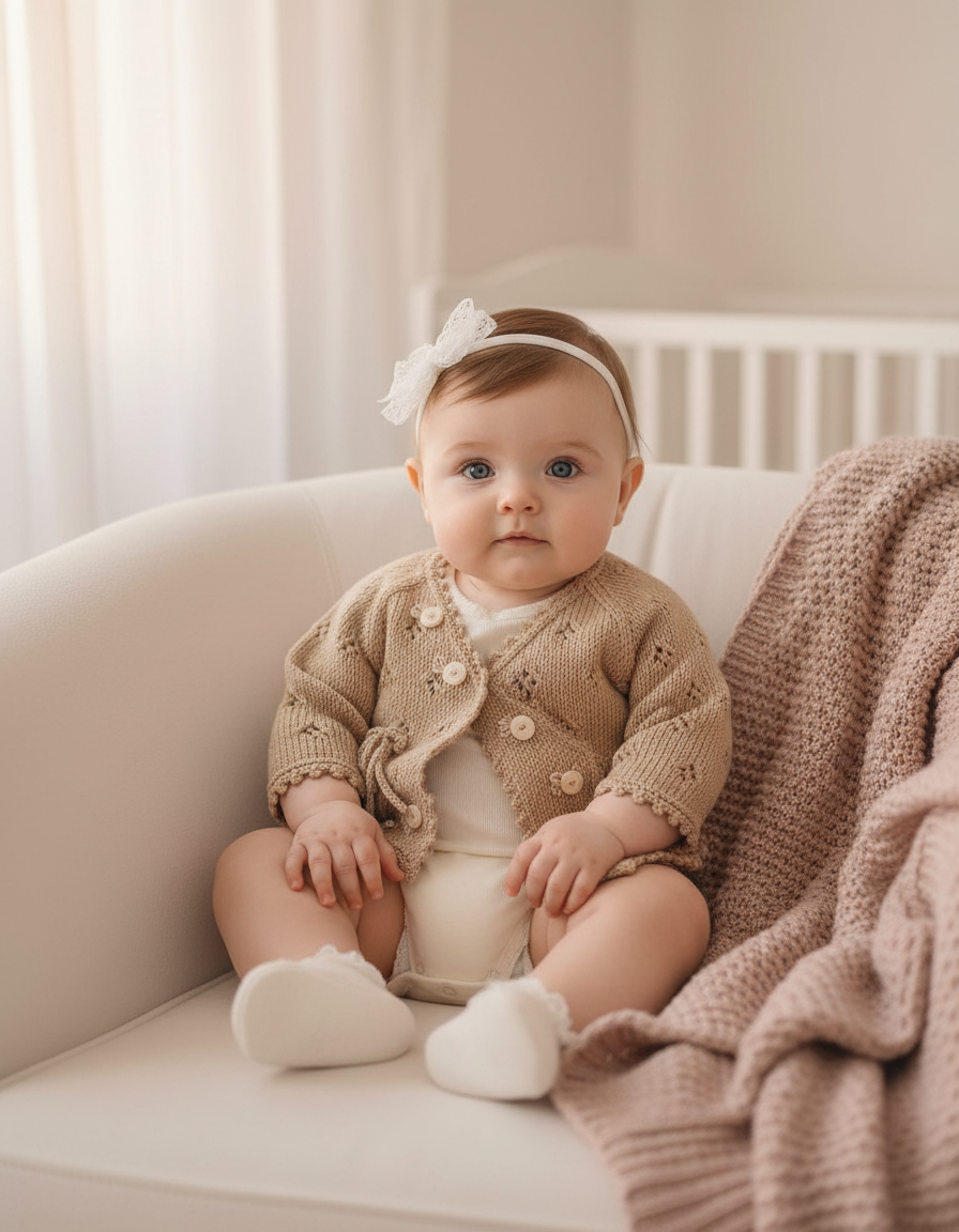 El Örgüsü Bebek Hırkası – Tarçın Tonlarında Yandan Bağlamalı Model