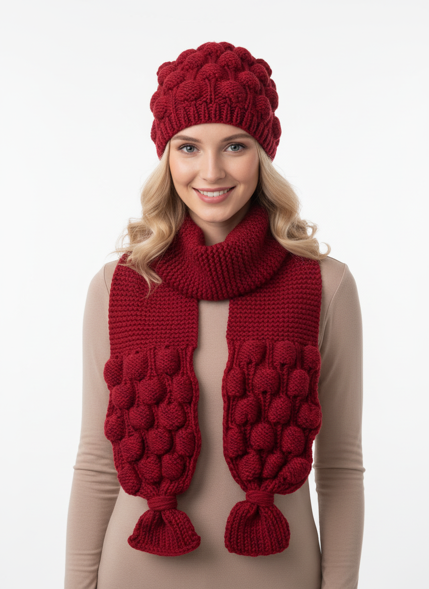 El Örgüsü Kırmızı Şapka ve Atkı Takımı | Yumuşak Dokulu Premium İplik