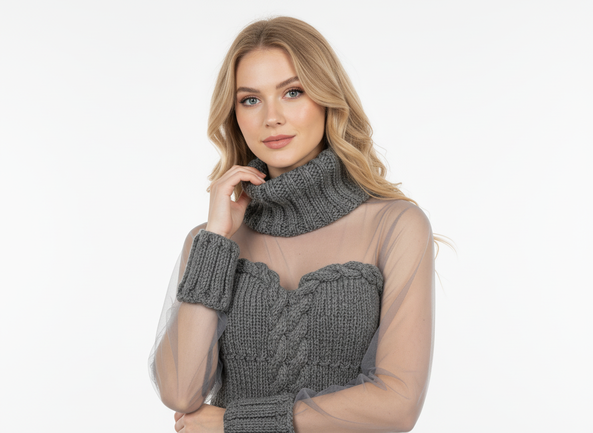 Gri Triko Kazak – Şifon Kollu Zarif Tasarım