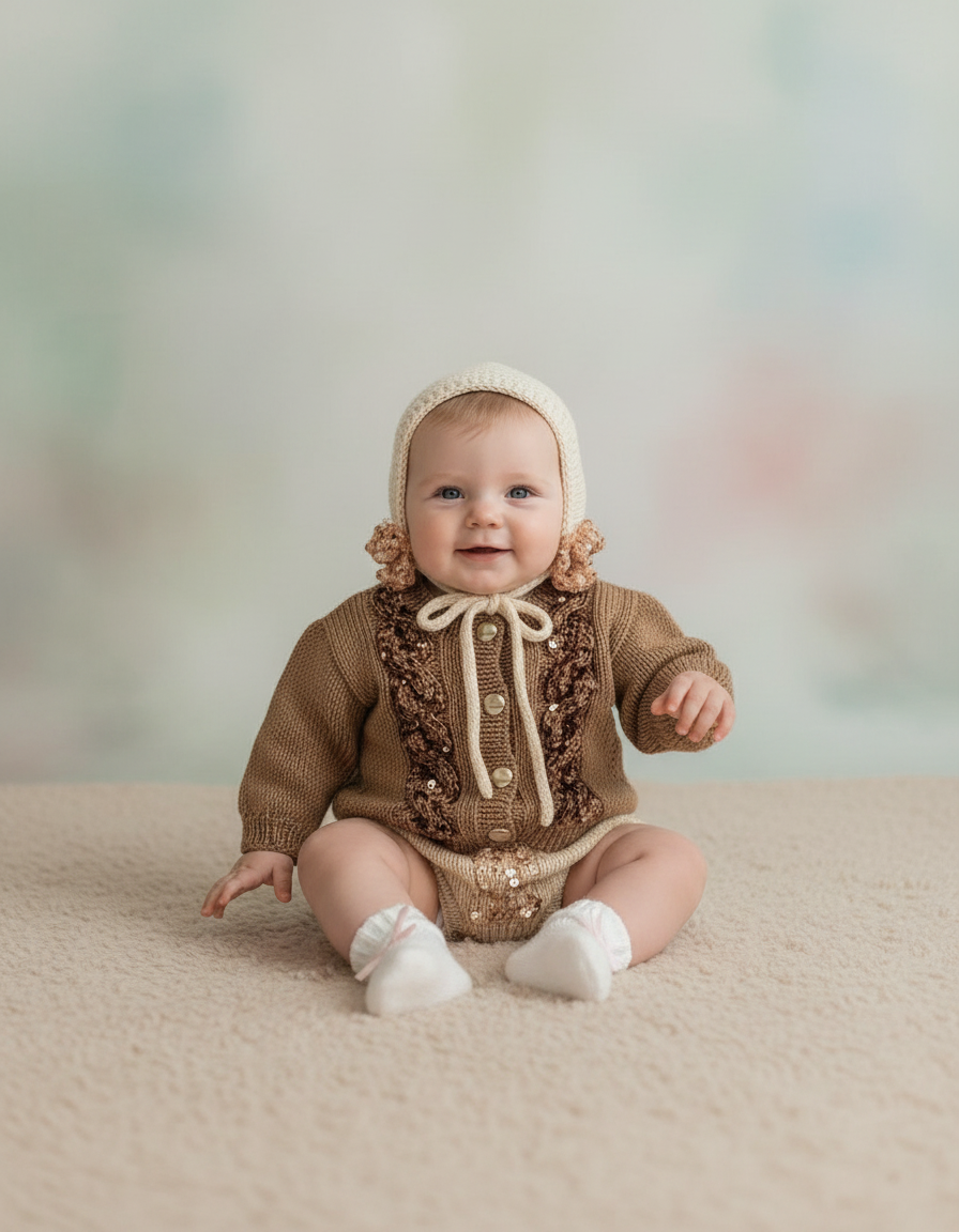 El Örgüsü Payetli 3’lü Bebek Seti – Tulum, Hırka ve Volanlı Bere Takımı