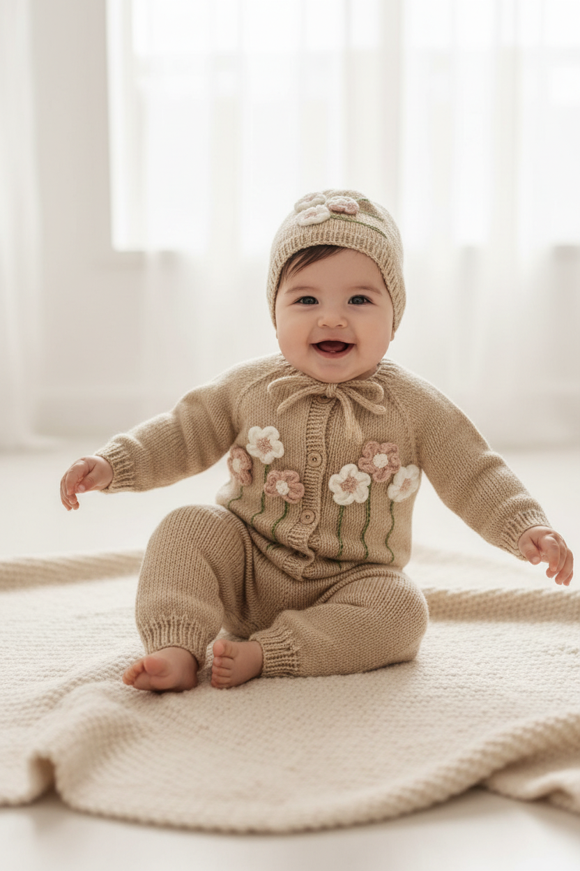 El Örgüsü Çiçekli Bebek Tulum Seti