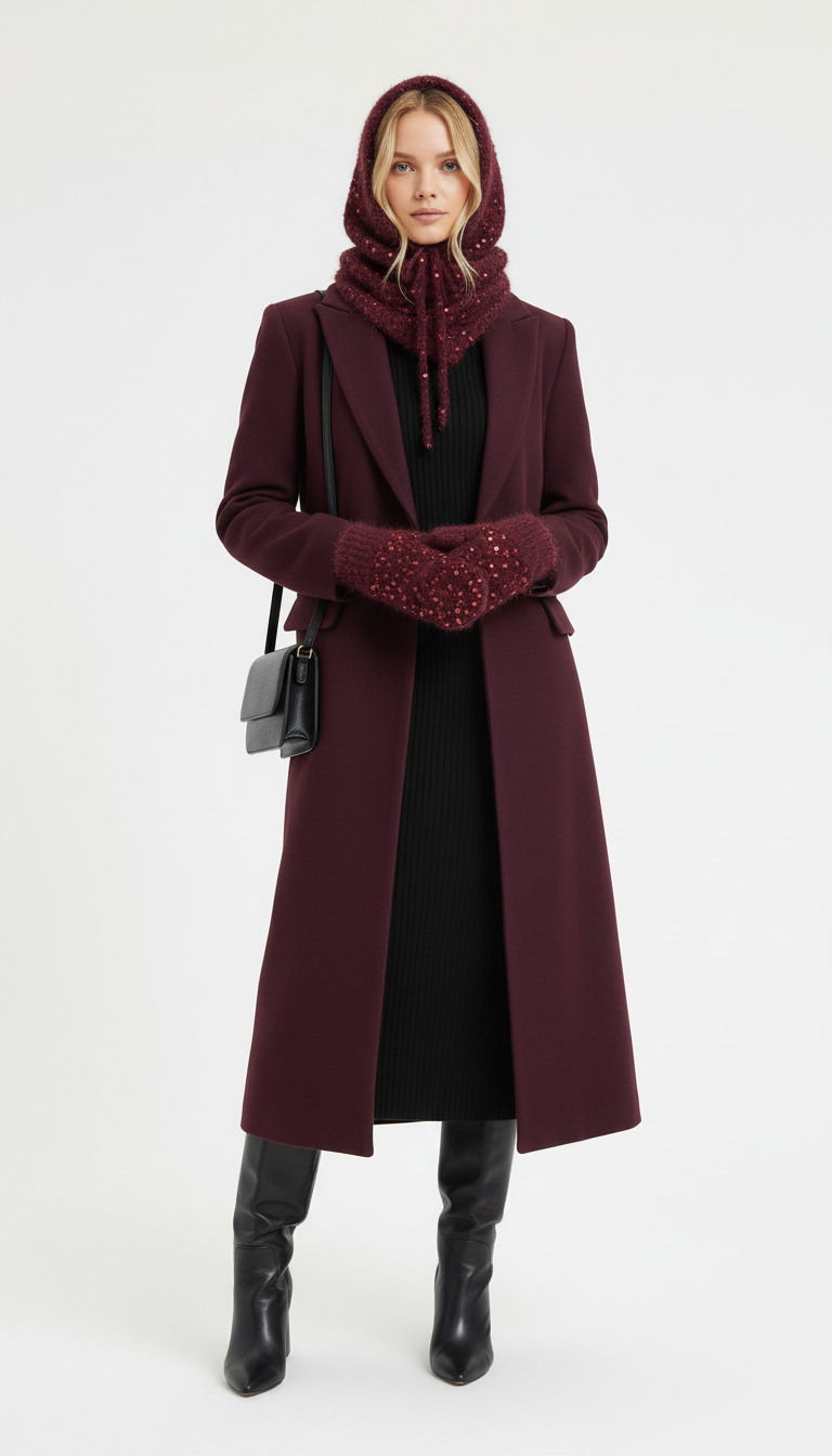 El Örgüsü Şapka ve Eldiven Takımı – Bordo Simli Lüks Kış Seti