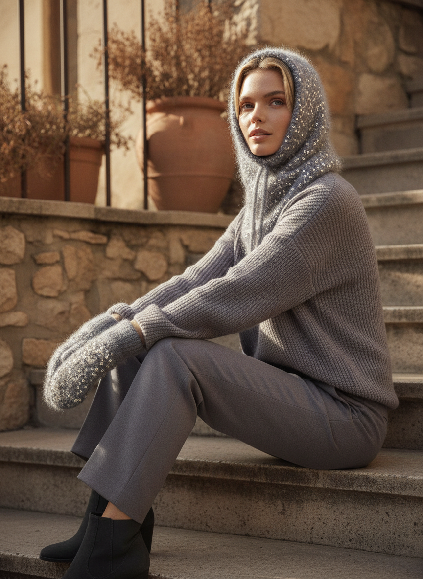 El Örgüsü Şapka ve Eldiven Takımı – Gri Simli Yumuşak Doku