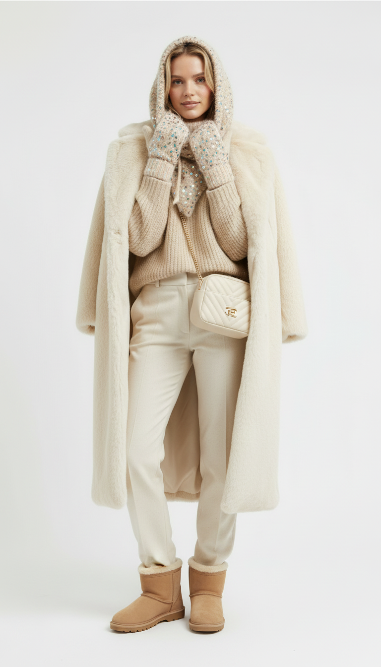 El Örgüsü Şapka ve Eldiven Takımı – Krem Simli Lüks Kış Seti