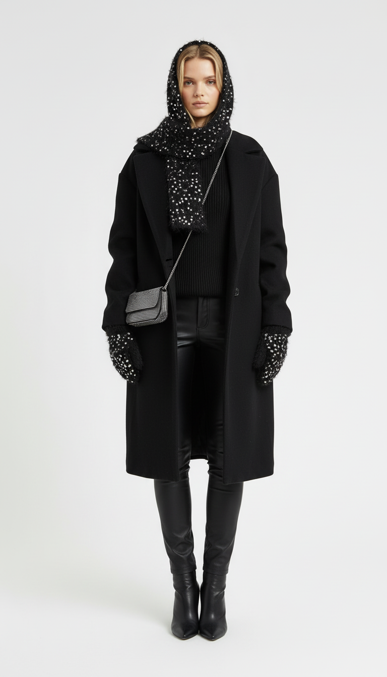 El Örgüsü Şapka ve Eldiven Takımı – Siyah Simli Premium Set