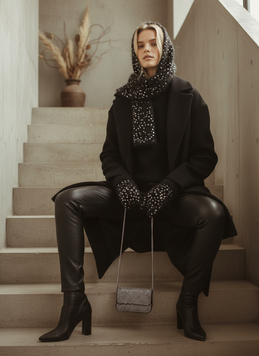 El Örgüsü Şapka ve Eldiven Takımı – Siyah Simli Premium Set