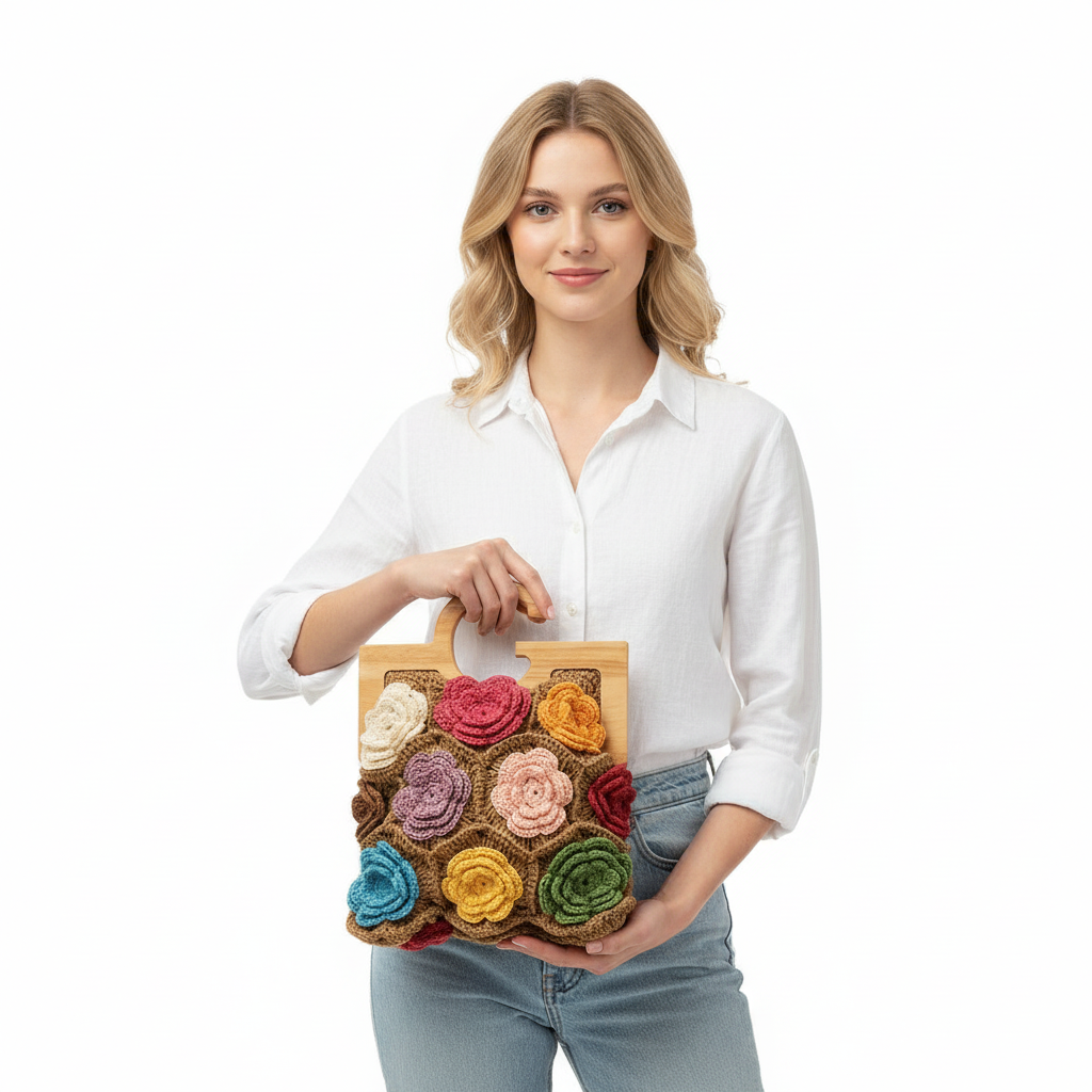 El Örgüsü 3 Boyutlu Çiçek Çanta