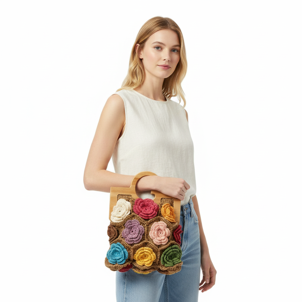 El Örgüsü 3 Boyutlu Çiçek Çanta