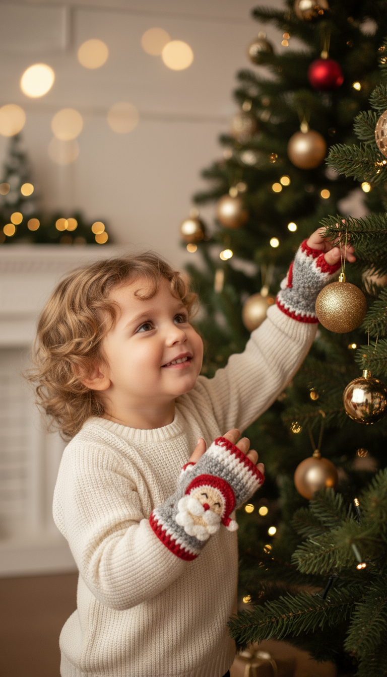 El Örgüsü Çocuk Eldiveni | Noel Baba Desenli