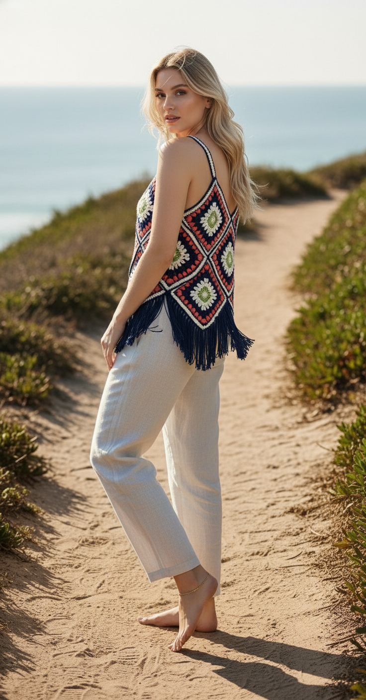 Bohem Tarz Motifli El Örgüsü Crop