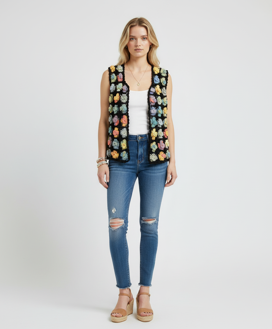 Renkli El Örgüsü Motifli Yelek