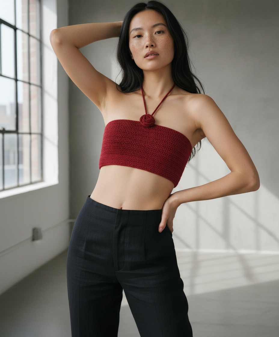 El Örgüsü Bordo Gül Detaylı Büstiyer – Zarif El İşi & Bohem Minimalist Stil