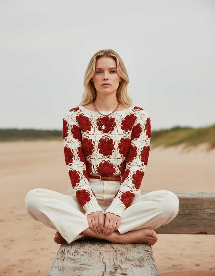 El Örgüsü Bluz | Krem ve Kırmızı Motifli