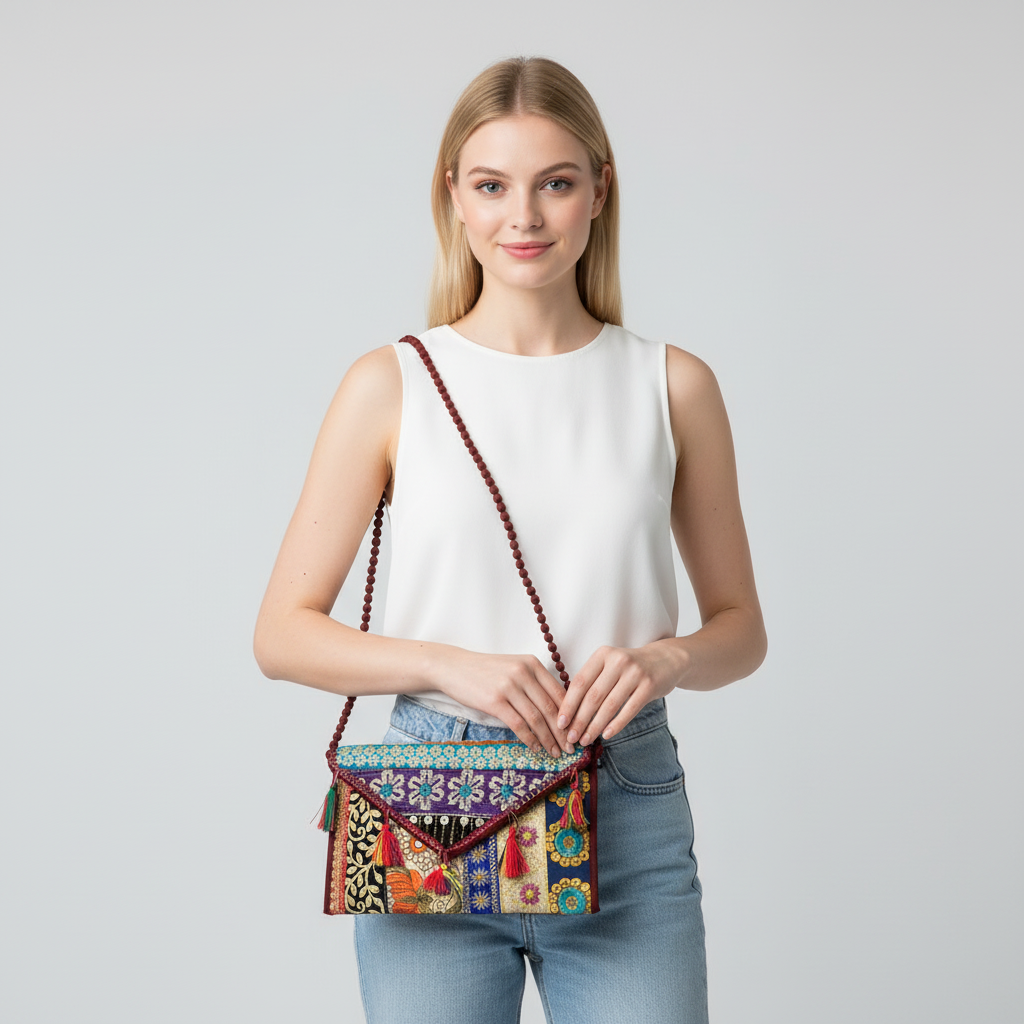 Otantik El Yapımı Çanta | Etnik Desen | Renkli Püskül Detaylı