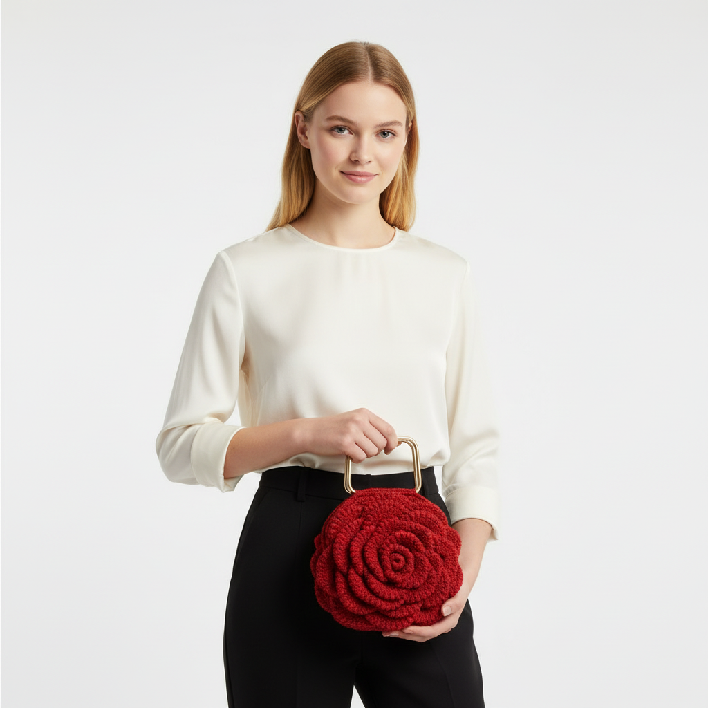 El Örgüsü Mini El Çantası – Kırmızı Gül