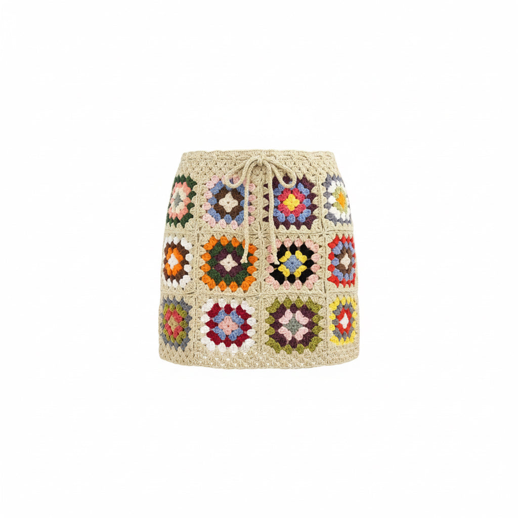 Retro Kareler – El Örgüsü Renkli Mini Etek