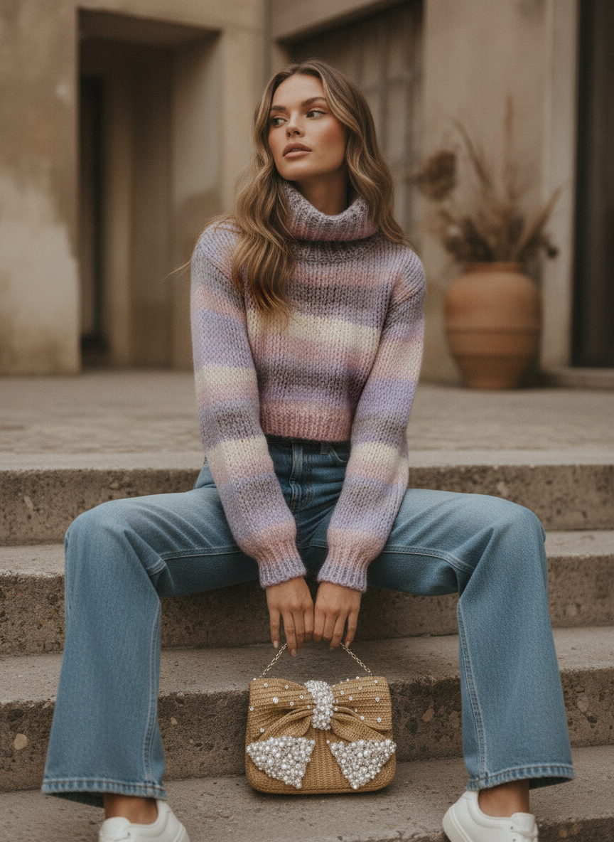 El Örgüsü Crop Kazak | Yumuşak Dokulu ve Renk Geçişli