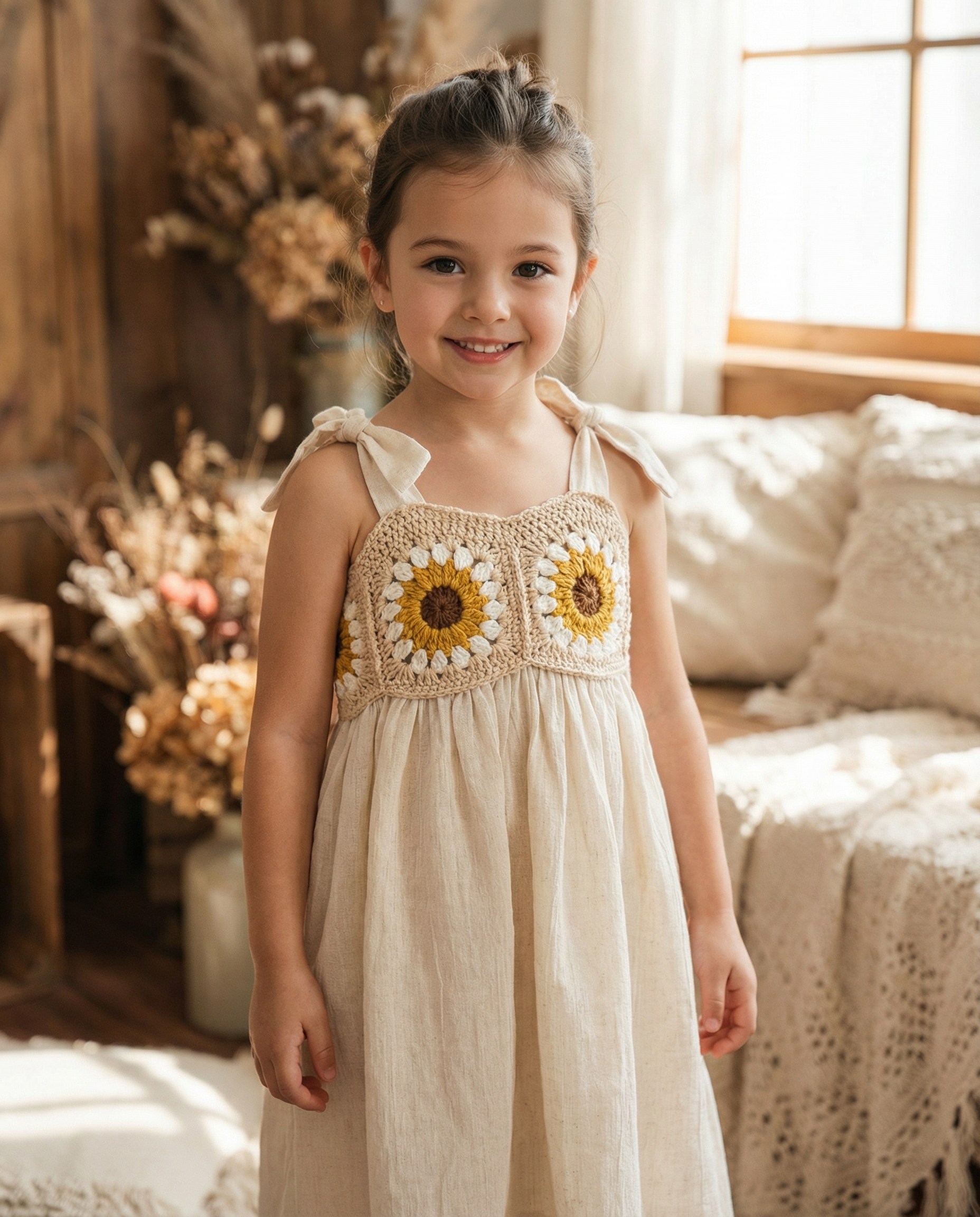 El Örgüsü Ayçiçeği Detaylı Kız Çocuk Elbisesi