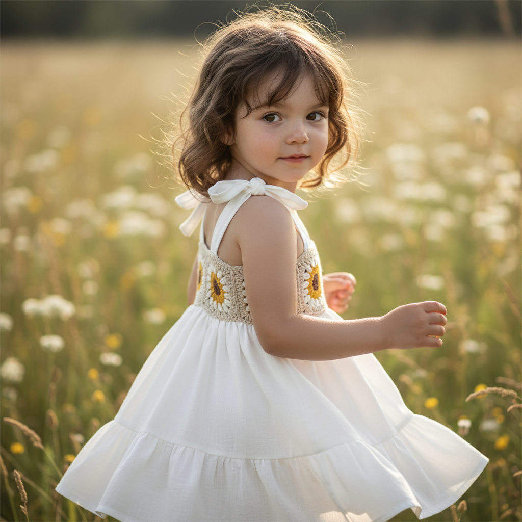 El Örgüsü ve Dokuma Kumaşlı Ayçiçeği Detaylı Çocuk Elbisesi – Ayarlanabilir Askılı
