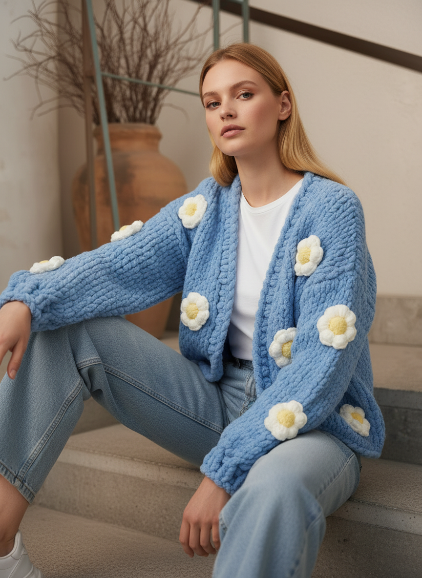 El Örgüsü Crop Hırka – Mavi Pofuduk Çiçekli Model