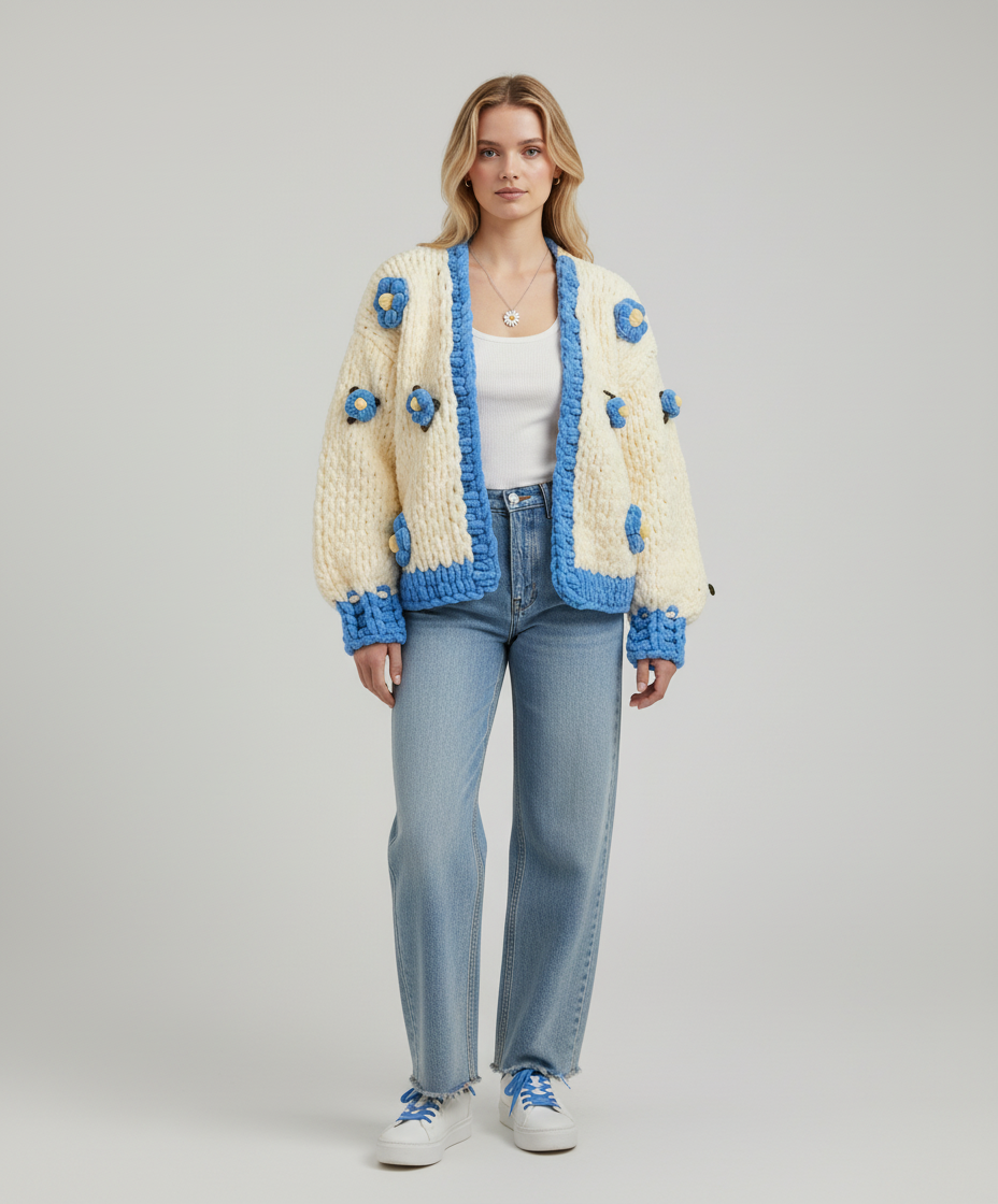 Mavi Detaylı El Örgüsü Çiçekli Hırka