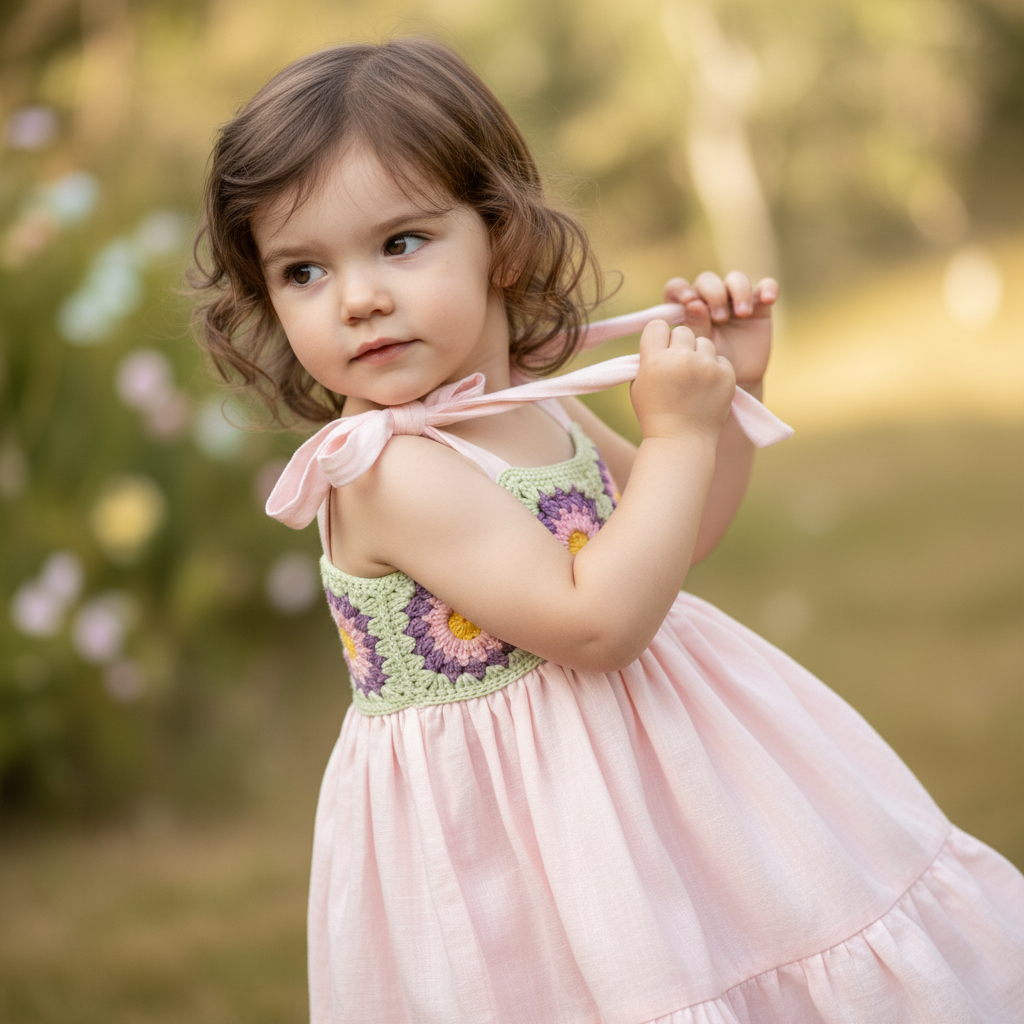 El Örgüsü ve Dokuma Kumaşlı Çocuk Elbisesi – Ayarlanabilir Askılı