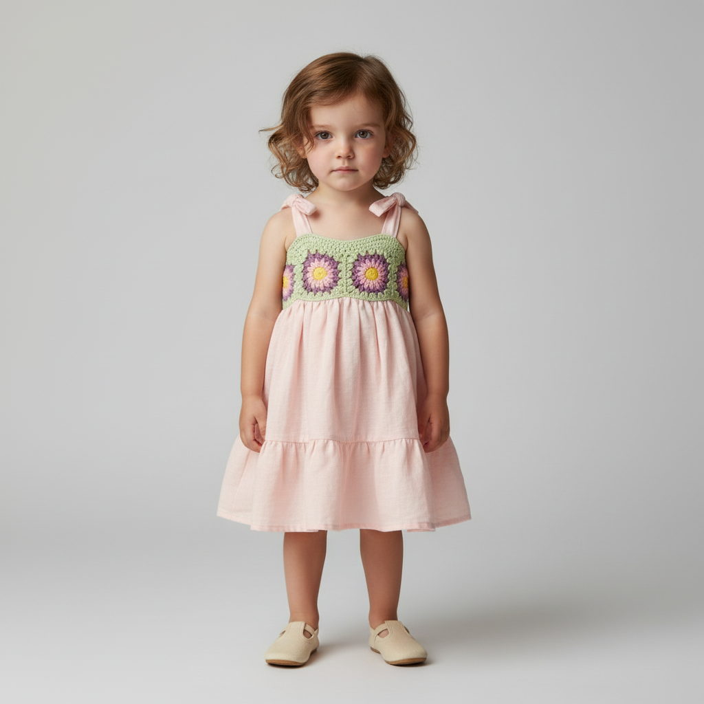 El Örgüsü ve Dokuma Kumaşlı Çocuk Elbisesi – Ayarlanabilir Askılı