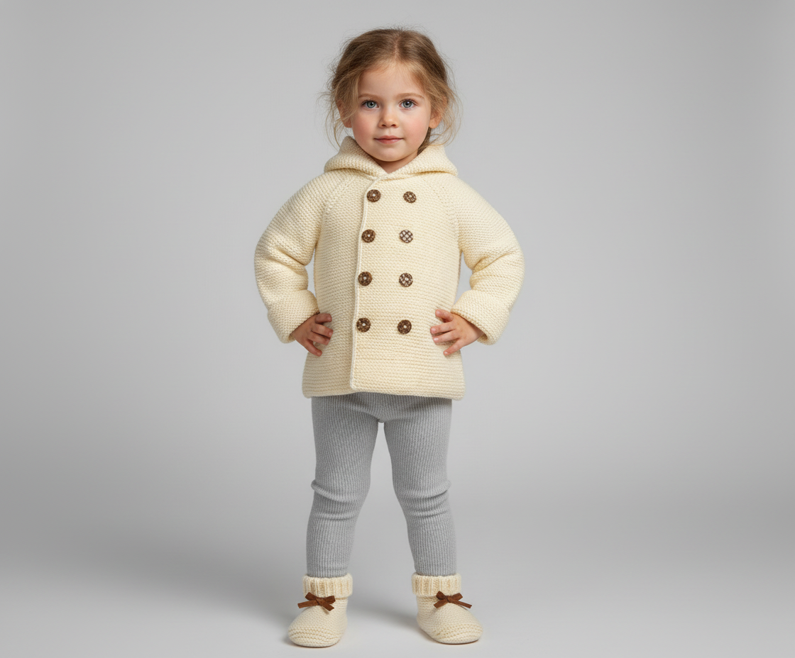 El Örgüsü Kapüşonlu Krem Ceket