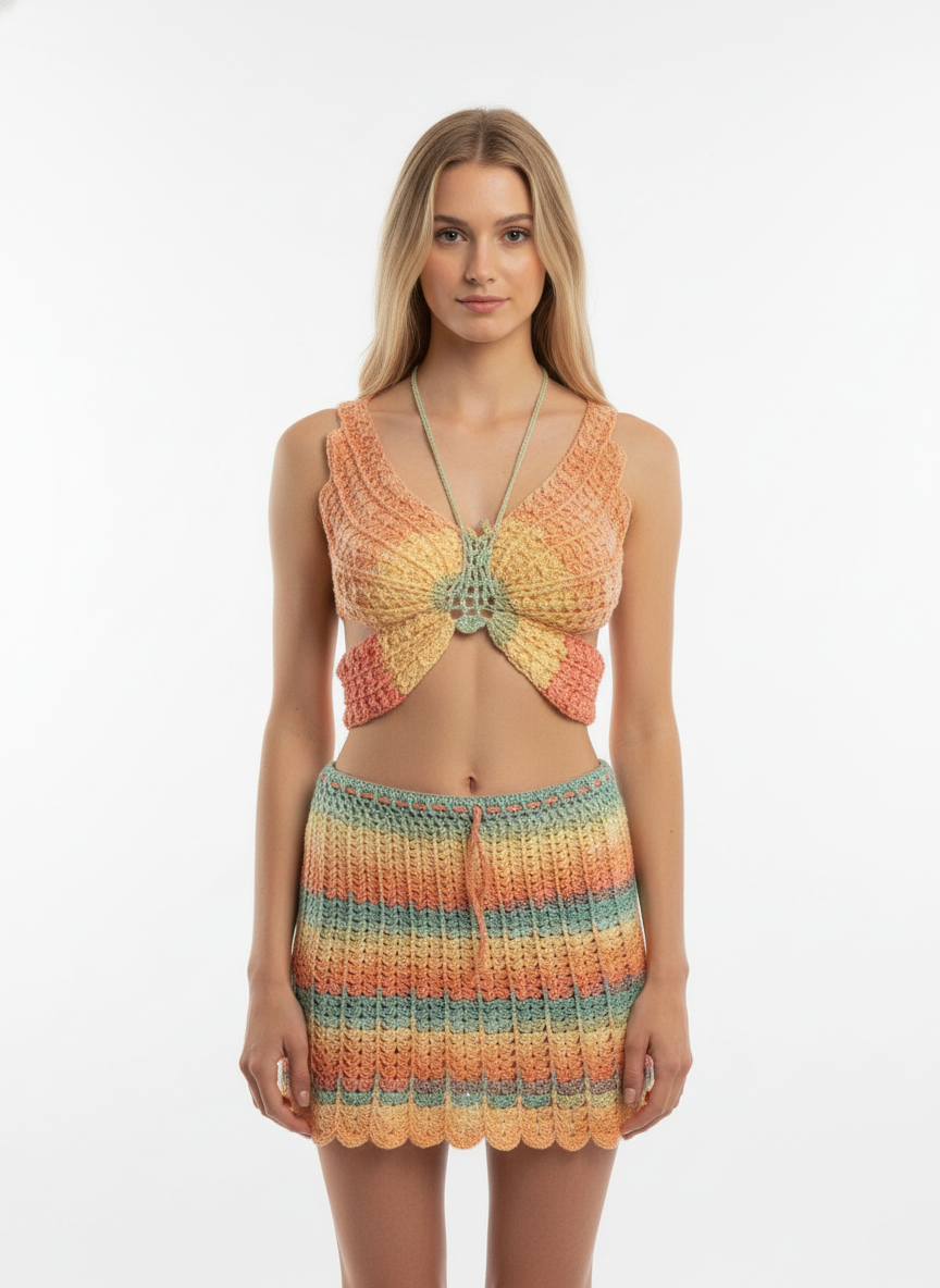 El Örgüsü Kelebek Motif Büstiyer ve Mini Etek Takımı | Pastel Renk Geçişli