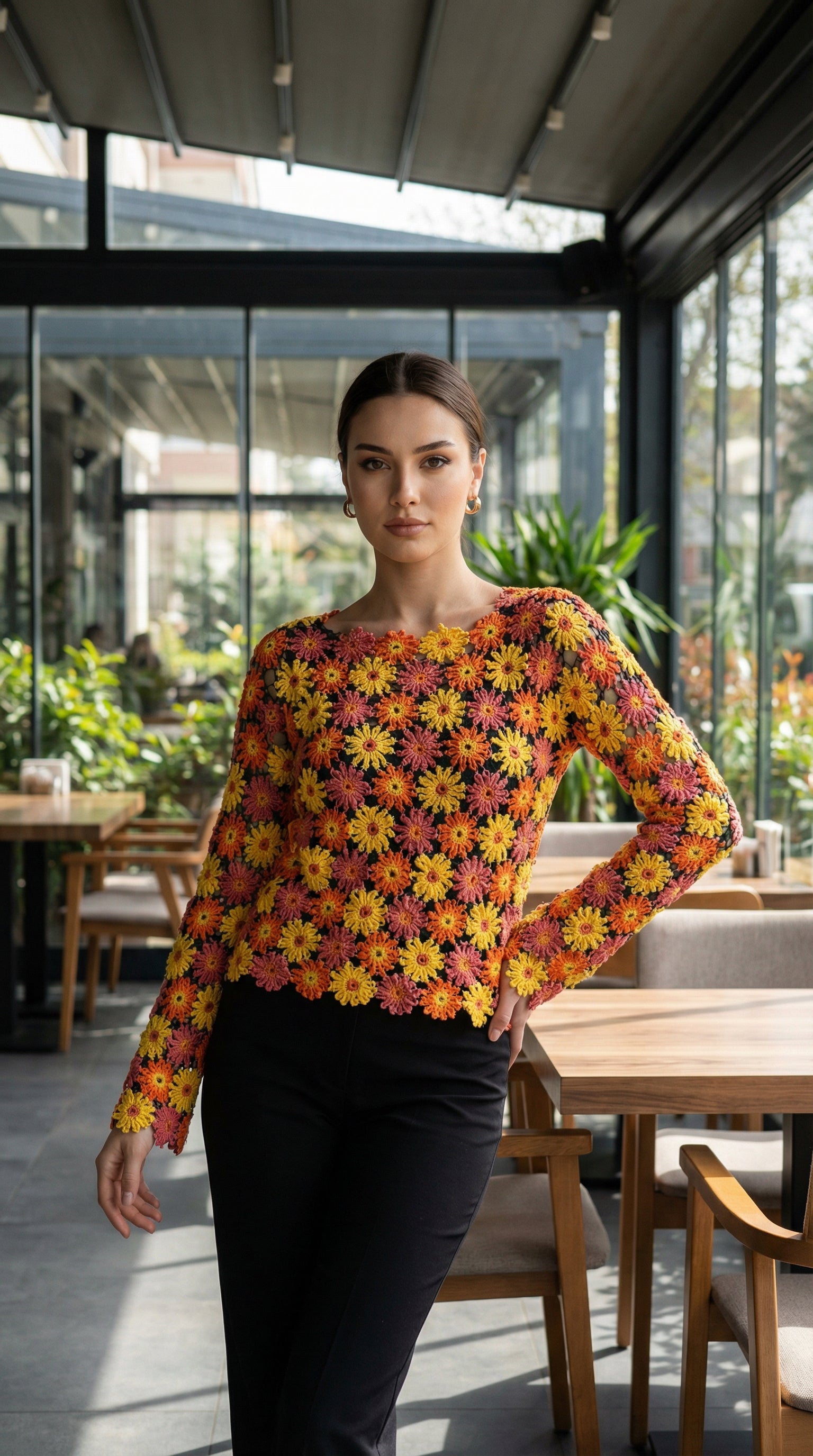 El Örgüsü Çiçek Motifli Kazak