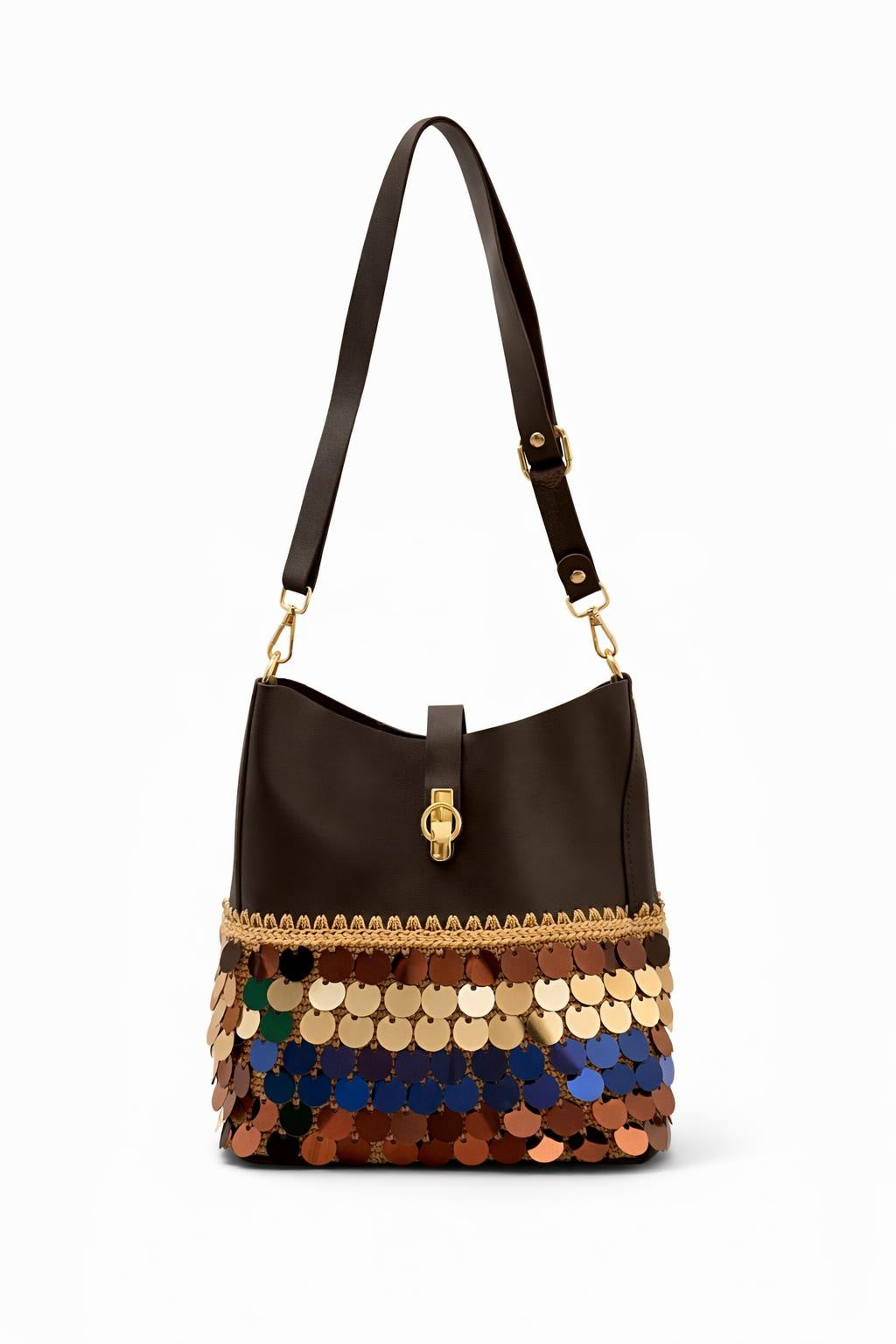 El Yapımı Deri ve Pul Detaylı Kadın Omuz Çantası