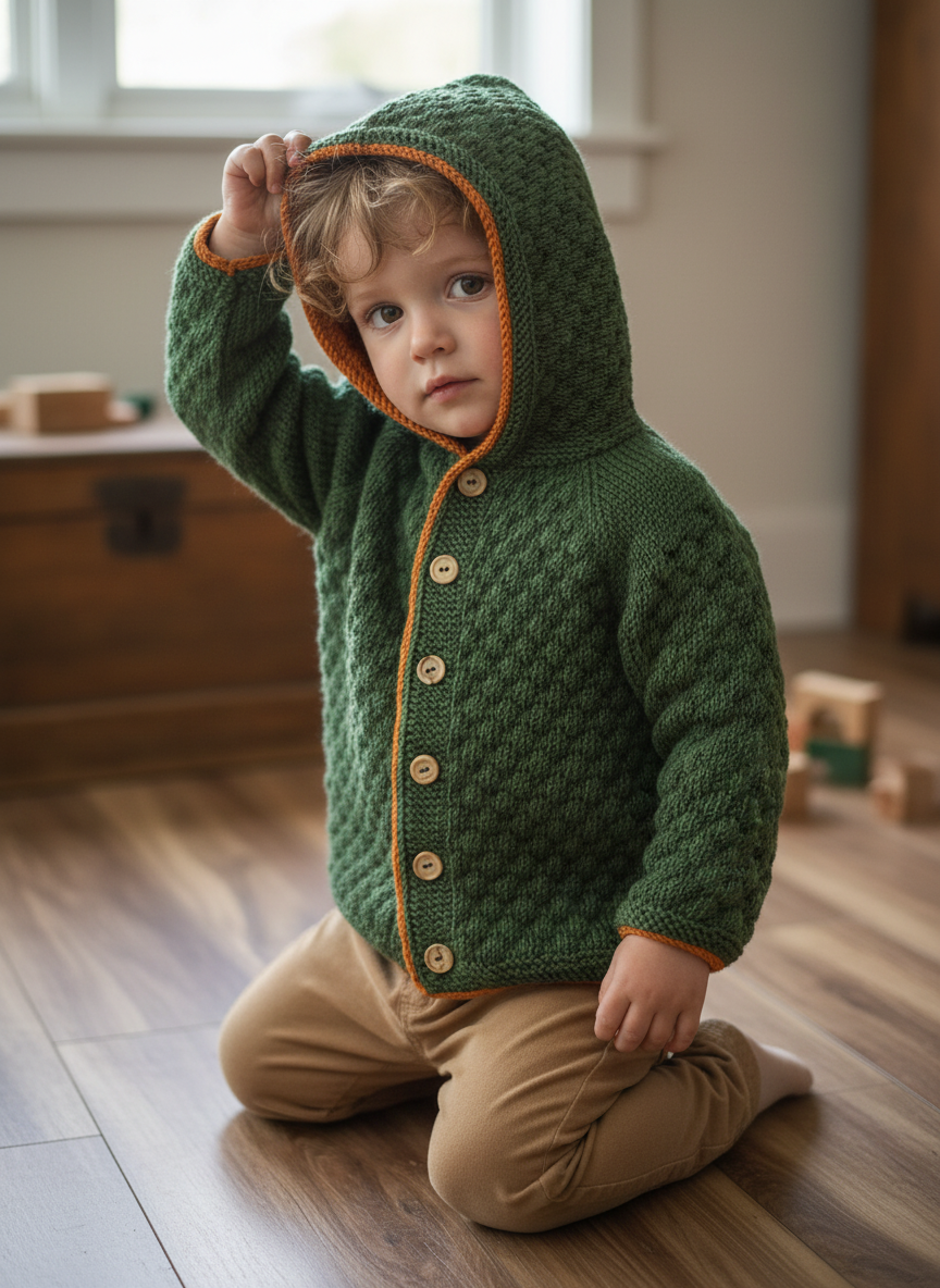 Çift Taraflı El Örgüsü Kapüşonlu Ceket | Yeşil & Turuncu