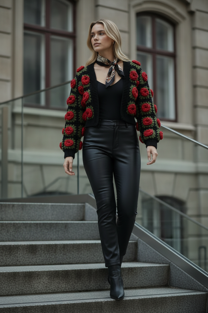 El Örgüsü Kırmızı Gül Desenli Hırka – Siyah Bohem Stil