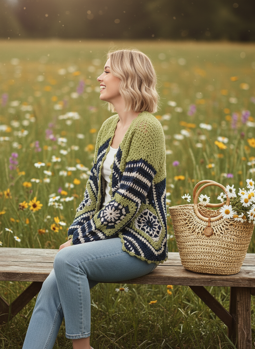 Yeşil & Lacivert Geometrik Desenli El Örgüsü Hırka