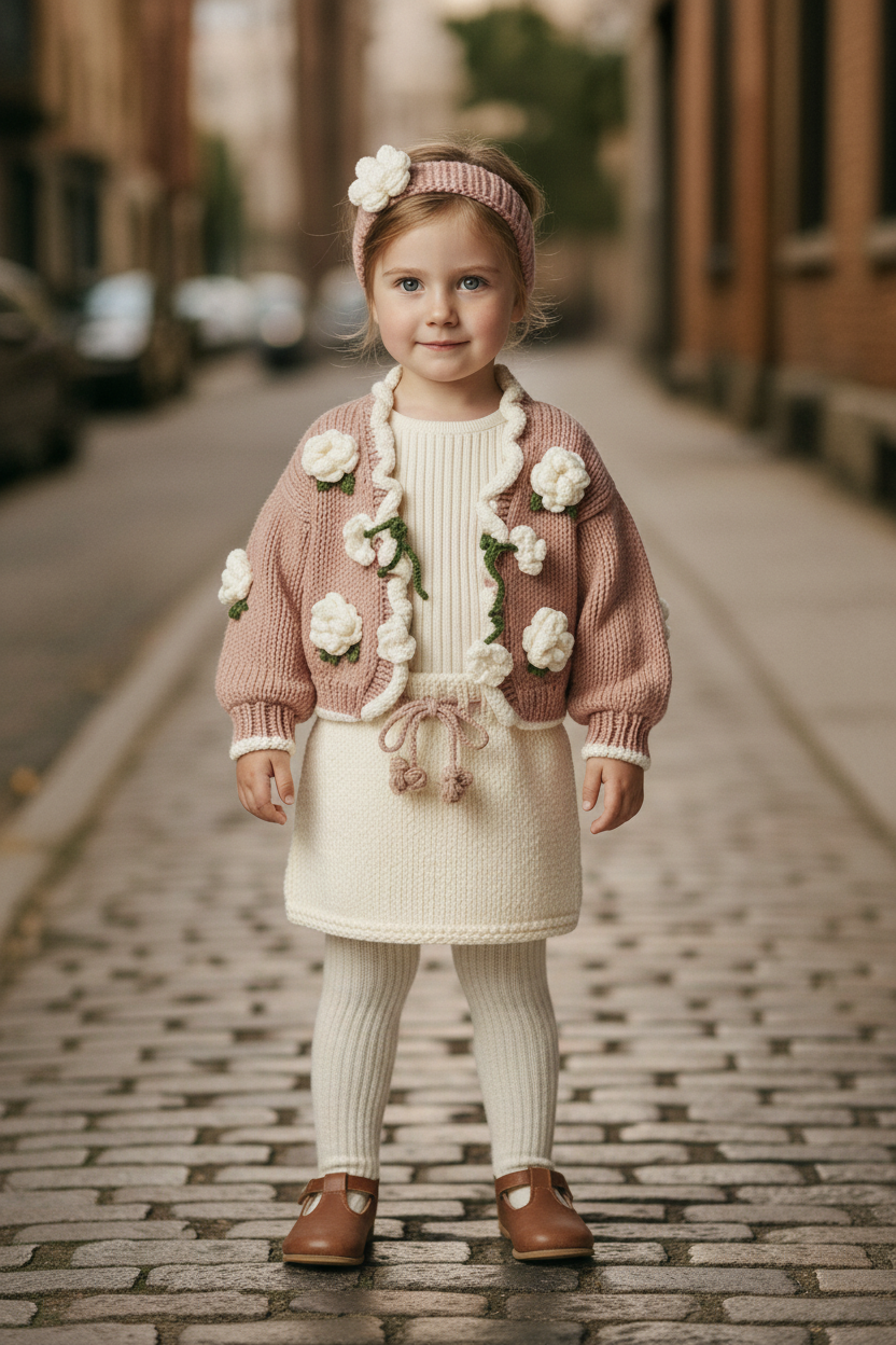 El Örgüsü Çiçek Aplikeli Çocuk Hırkası ve Bandana