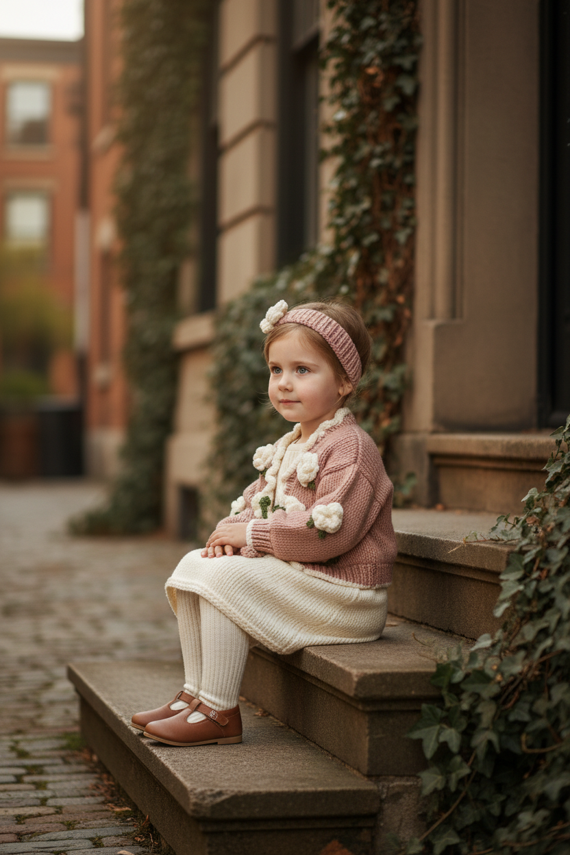 El Örgüsü Çiçek Aplikeli Çocuk Hırkası ve Bandana